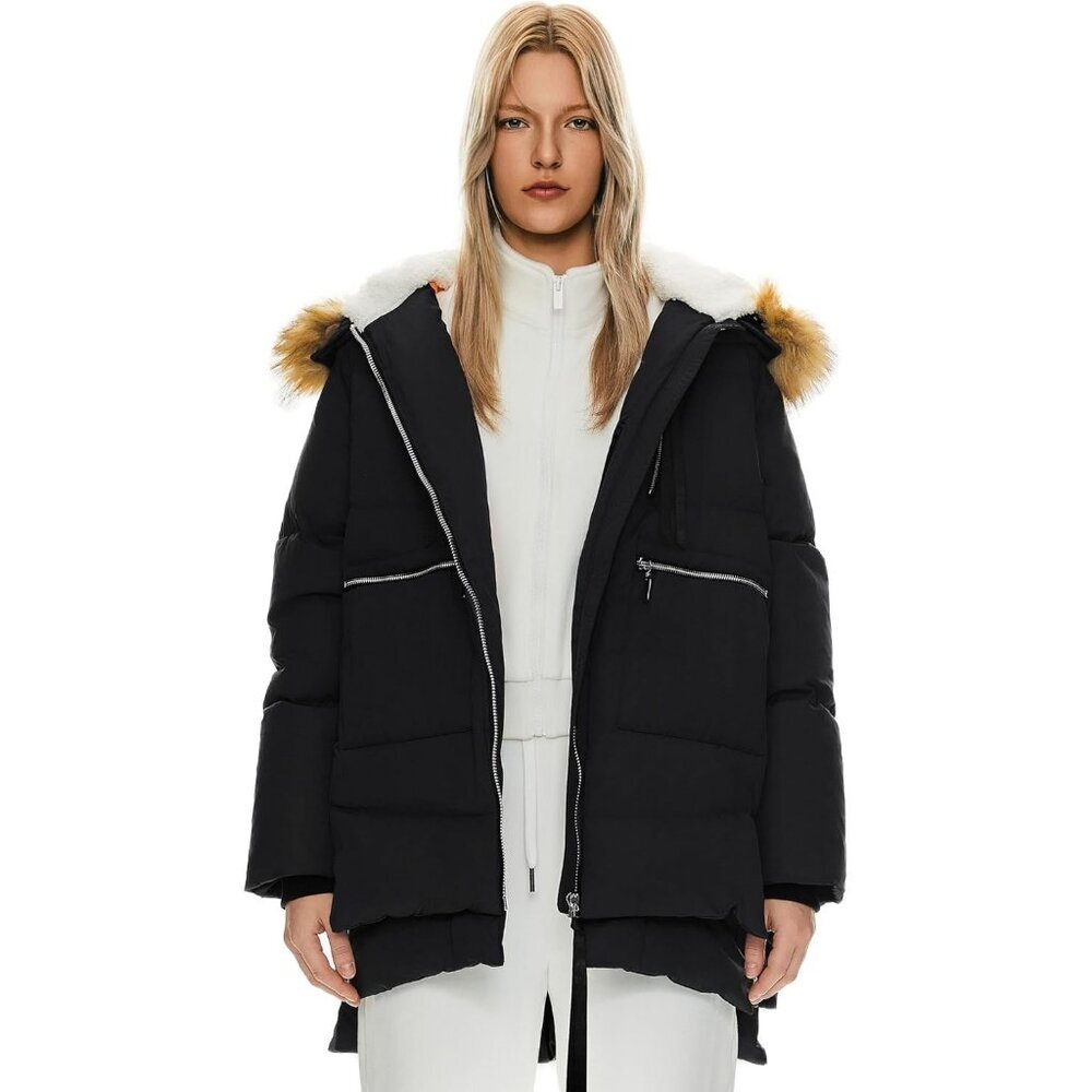 Women's Black Faux Fur Trim Clothing Down Vest Jacket Warm Fleece Lined Hood